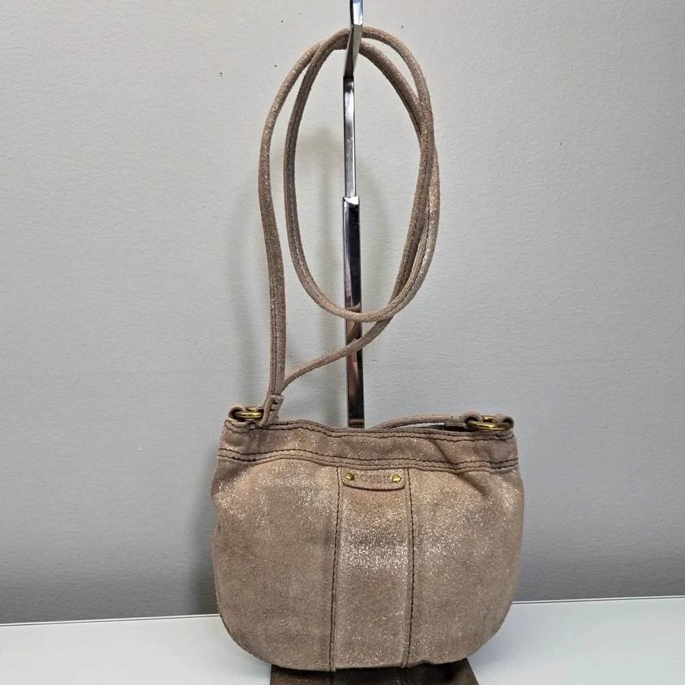 Fossil Small Leather Crossbody Bucket Bag Metallic Shimmer Suede Studded Western